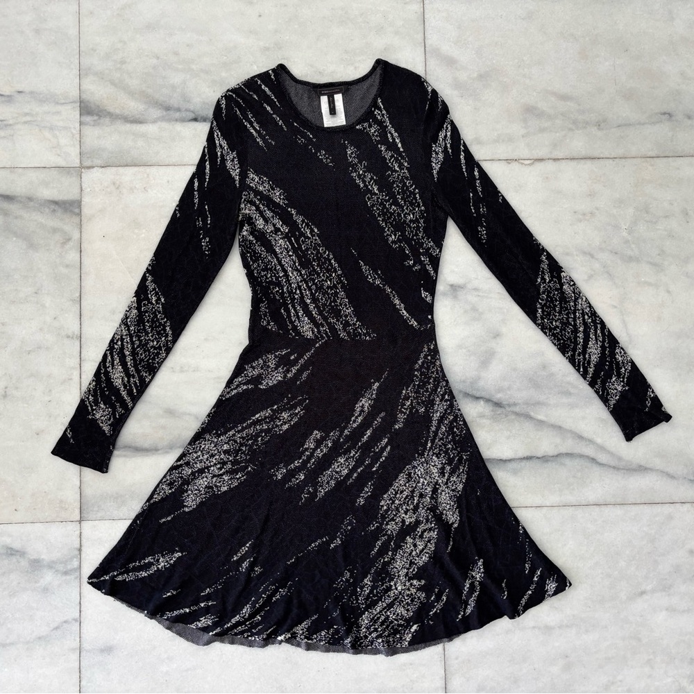 BCBGMAXAZRIA Dress Black White Silk Blend Long Sleeve A-Line M Whimsigoth Artsy